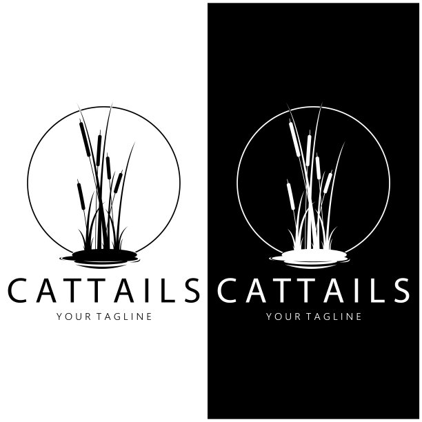 香蒲或河芦苇草植物标志设计，水生植物，沼泽，野草矢量图片下载