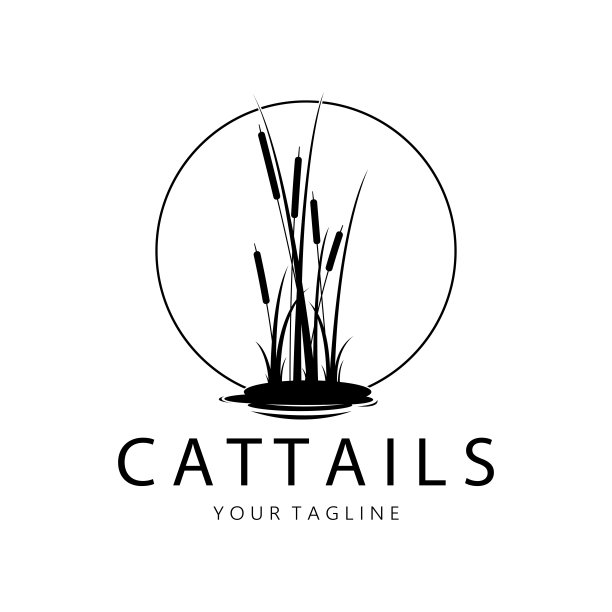 香蒲或河芦苇草植物标志设计，水生植物，沼泽，野草矢量图片下载
