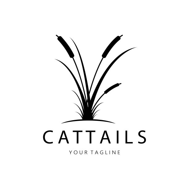 香蒲或河芦苇草植物标志设计，水生植物，沼泽，野草矢量图片下载