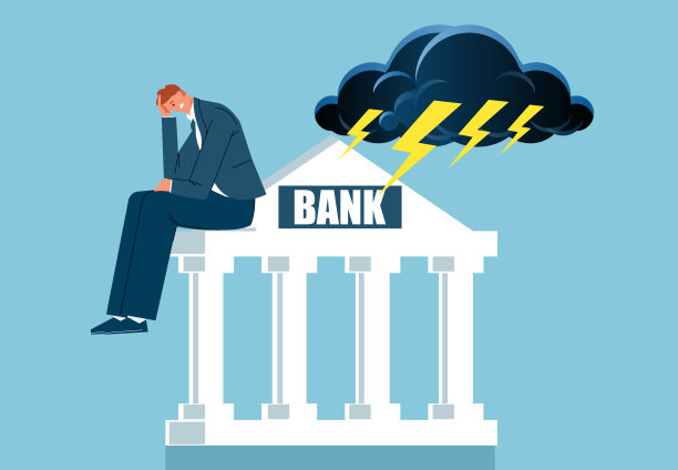 银行危机，金融危机或债务破产问题，信贷问题和风险，坐在乌云和闪电笼罩的银行上的苦恼商人图片下载
