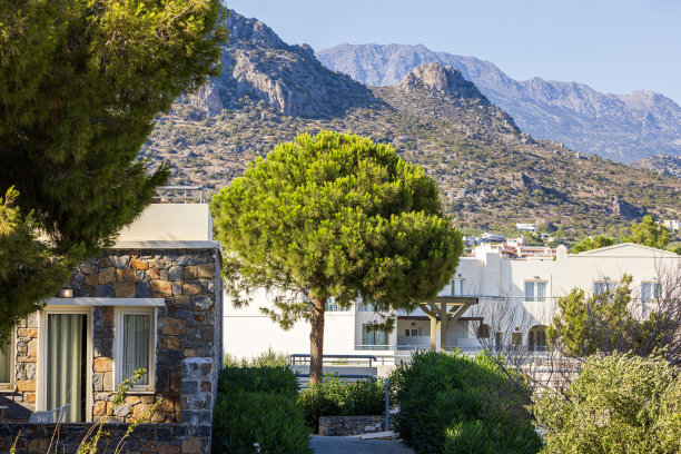 美丽的酒店在山脚下与热带植物和山松树在克里特岛。图片下载