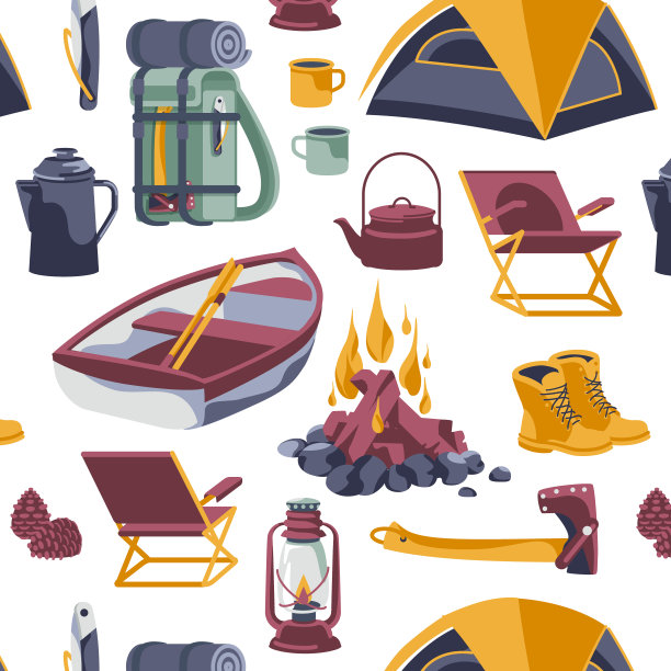 旅游露营装备式样。户外活动配件。徒步旅行和旅行。平面矢量图图片下载