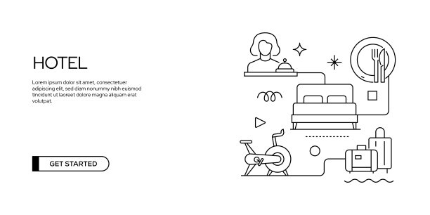 酒店服务和设施相关的横幅设计。接待，在线预订，赌场，国王服，免费Wifi，客房服务，早餐。图片下载