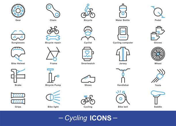 自行车线路图标收集。采购产品自行车，踏板，链条，齿轮，制动器，车轮，框架，马鞍，车把，太阳镜，水瓶，运动衫，自行车手，自行车头盔，自行车泵，手套，鞋，握把，运动图片下载