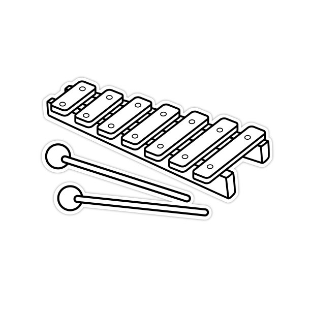 矢量插图一个彩色的，八个音符木琴躺在一个白色的背景上，它的两个木槌黑色和白色的绘图，让孩子们学习根据图片的颜色。图片下载