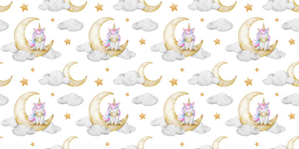月亮，云彩和星星。新月。水彩苗圃无缝图案。可爱的婴儿背景。儿童用品、服装、纺织品、明信片、婴儿淋浴、墙纸、儿童房设计图片下载