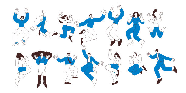 收集快乐的企业员工男女在空中跳跃愉快地隔离在白色背景。黑白现代平面矢量插图。社交媒体概念。图片下载