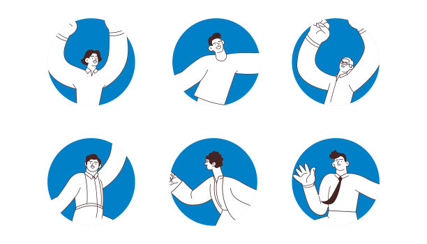 收集徽章。快乐的企业员工男性在彩色背景的圆圈形状。黑白现代平面矢量插图。社交媒体概念。图片下载