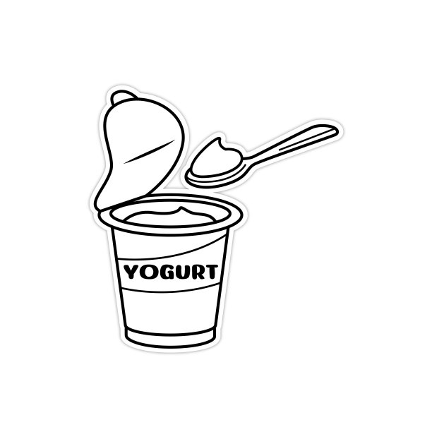 矢量插图勺酸奶从打开的塑料杯黑白图纸为孩子们学习根据图片的颜色。图片下载