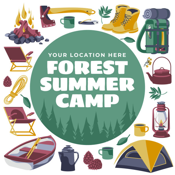 一套旅游露营装备。户外活动配件。徒步旅行和旅行。圆形和方形的组合。平面矢量图图片下载