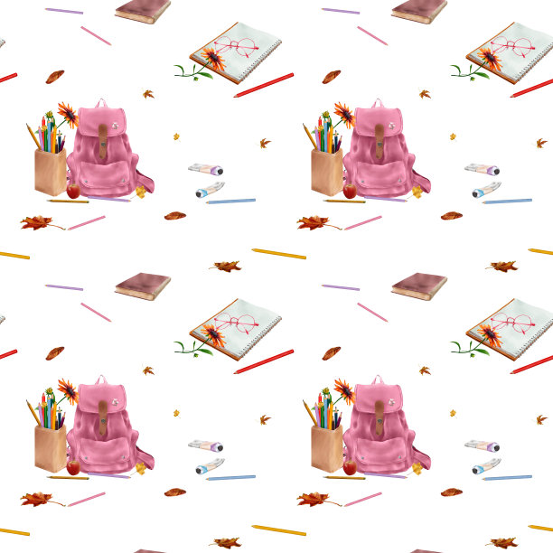 无缝图案，粉色背包和彩色铅笔。学校的设备。笔记本和笔。秋叶墨斑。回到学校。适用于童装、纺织品、剪贴簿、印花。图片下载