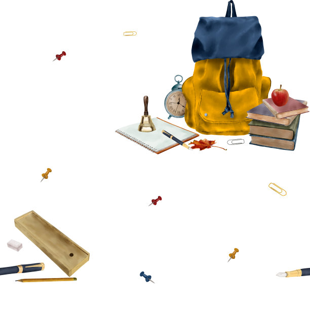 无缝图案，蓝色背包和彩色铅笔。学校的设备。笔记本和笔。秋叶墨斑。回到学校。适用于童装、纺织品、剪贴簿、印花。图片下载