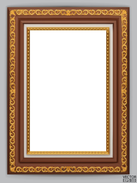 现实的深棕色木制复古框架孤立在白色背景。矩形框架模型。经典的木制相框。用于绘画，海报和照片画廊的棕色边框。三维矢量插图。图片下载
