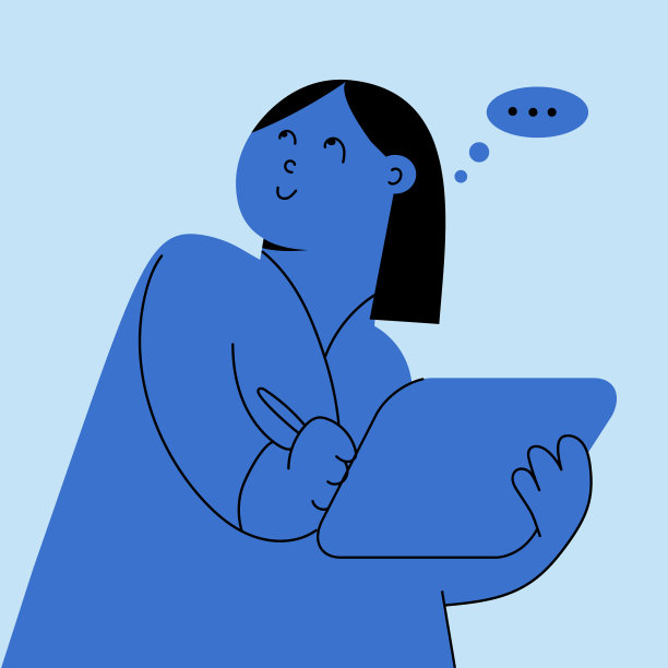 蓝绘人物手持写字板和笔，若有所思的笑脸和言语泡泡。创意专业，设计师，插画师，在线数字工作图片下载