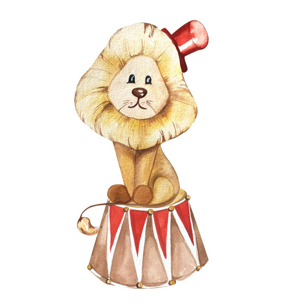 可爱的训练有素的狮子站在看台上。复古马戏团主题。儿童水彩插画。采购产品明信片，邀请，儿童服装，配件，海报，纺织品图片下载