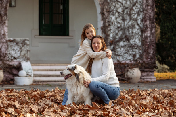 秋天，母女俩在户外与小狗玩耍的照片图片下载