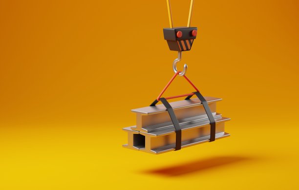 黄色背景上的建筑起重机和钢梁。3D渲染图片下载