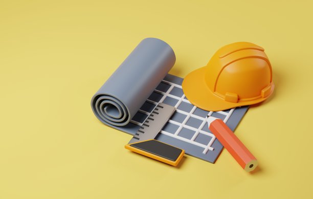 蓝图掌握施工工具的设计和安全在黄色背景。3D渲染图片下载