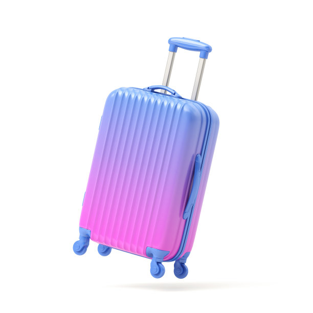 粉红色和蓝色的渐变手提箱飞行在白色的背景图片下载