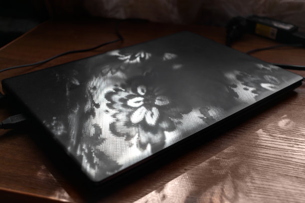 薄纱上的花状阴影落在笔记本电脑上。花的图案图片下载