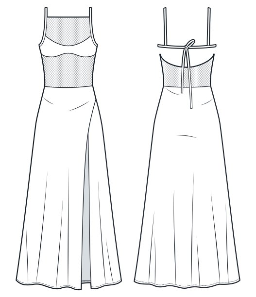 网眼及地长裙技术时尚插画。裙装时尚平面技术图纸模板，前开衩，前后视图，白色，女装CAD模型。图片下载
