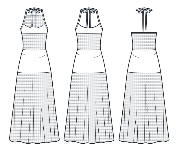 网眼及地长裙技术时尚插画。吊带裙时尚平面技术图纸模板，透明，前后视图，白色，女装CAD模型集。图片下载