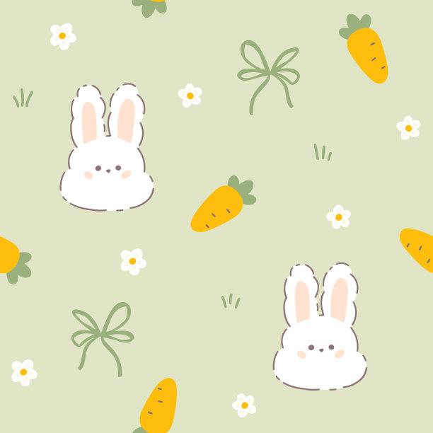 卡哇伊兔无缝矢量图案与胡萝卜和丝带蝴蝶结。幼稚的手绘插图在一个柔和的调色板上绿色背景的婴儿服装，纺织品，包装，壁纸。图片下载