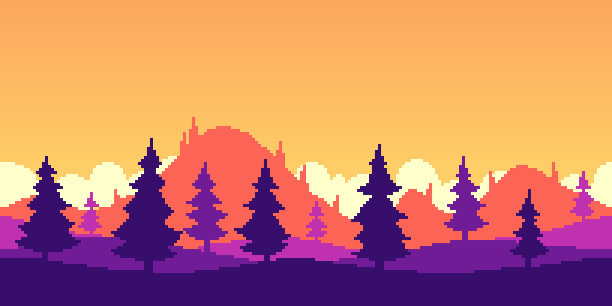 像素艺术平面简单矢量插图卡通秋天氛围景观冷杉树，丘陵和山脉。8位复古电子游戏风格。无缝水平背景图片下载