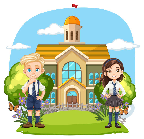 两个孩子站在学校门口图片下载