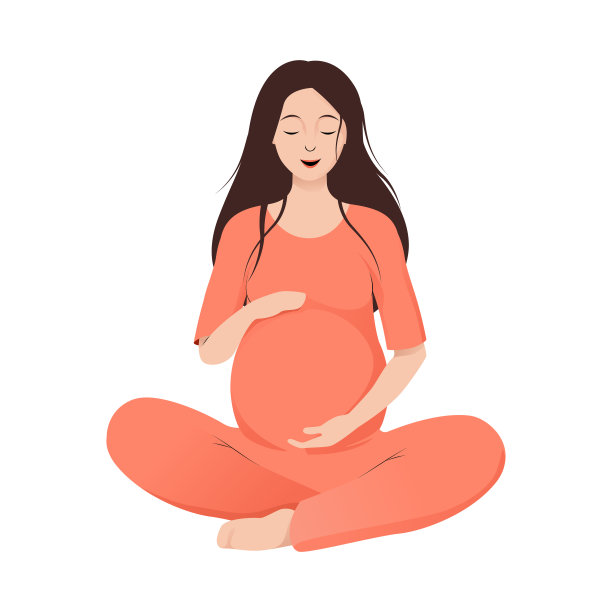 一位身穿橘黄色连衣裙的孕妇摆出荷花姿势，温柔地抱着自己的肚子，脸上带着幸福的微笑图片下载