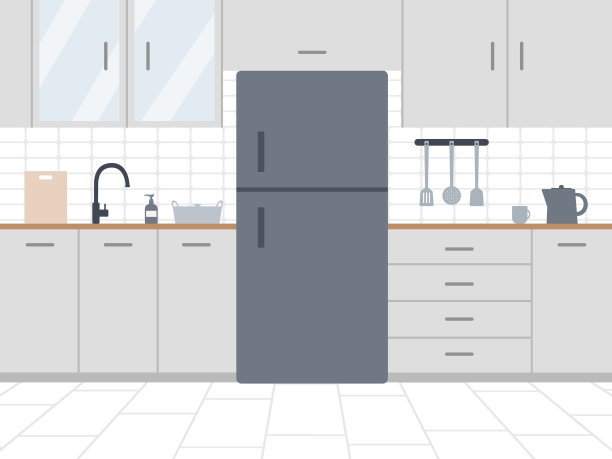 现代厨房与冰箱和橱柜的特写图片下载