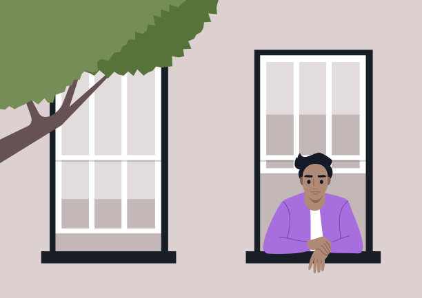 一个年轻的角色若有所思地靠在窗台上，观察着外面的世界，柔和的阳光透过附近一棵树的叶子照进来图片下载