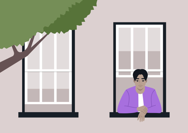 一个年轻的角色若有所思地靠在窗台上，观察着外面的世界，柔和的阳光透过附近一棵树的叶子照进来图片下载