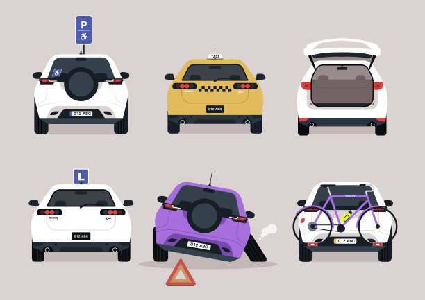 生动的汽车排列展示了各种停车标志，颜色和配件，创造了一个有趣和幽默的城市车辆场景图片下载