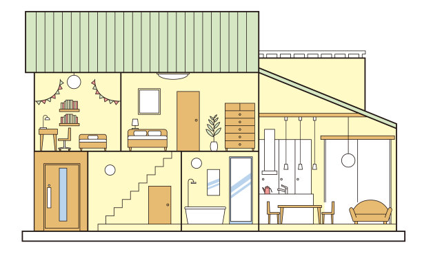 一个简单的开放式天花板的房子的插图，独立的房子，和房子的横截面，2层，白色背景图片下载