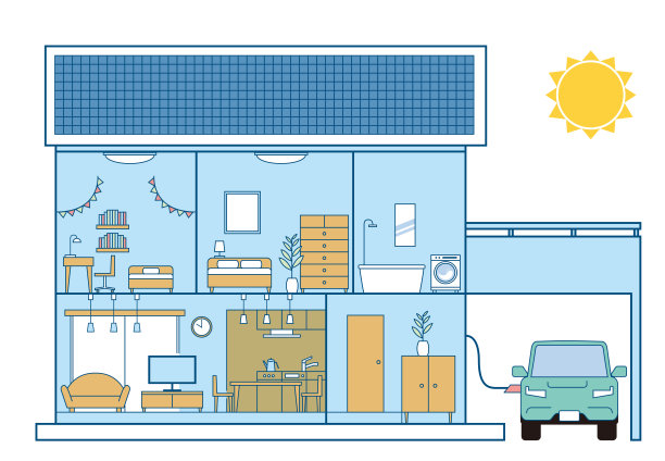 简单的房子，独立的房子，横截面插图，2层，白色背景。太阳能电池板和电动汽车。图片下载