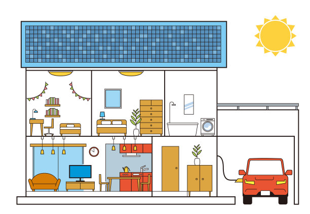 简单的房子，独立的房子，横截面插图，2层，白色背景。太阳能电池板和电动汽车。图片下载