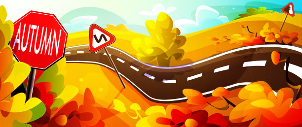 你好，卡通风格的秋天。黄色的小货车载着落下的熟透的南瓜行驶着，映衬着乡村道路上的秋景，道路上有警告标志。图片下载