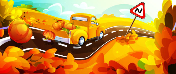 你好，卡通风格的秋天。黄色的小货车载着落下的熟透的南瓜行驶着，映衬着乡村道路上的秋景，道路上有警告标志。图片下载