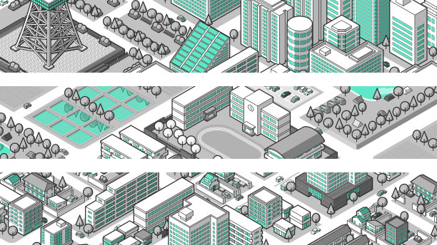 从鸟瞰图中看到的三维城市景观矢量插图图片下载