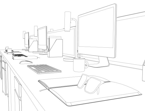 轮廓办公室。有桌子、椅子、电脑、公文箱和其他物品。办公室内部配有家具。现代商务工作场所或工作空间设计。矢量插图。3 d图片下载