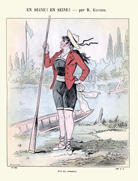 年轻女子在塞纳河上划船，法国，维多利亚时代，19世纪90年代，19世纪复古插图图片下载