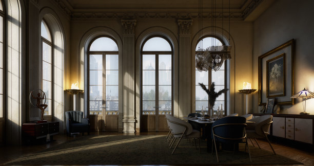 优雅装饰艺术风格的拱形窗客厅图片下载