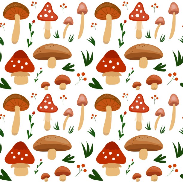 无缝图案插图与蘑菇和植物图片下载