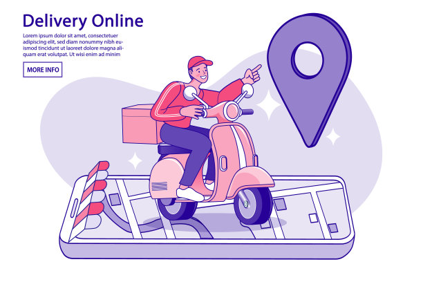 电子商务的概念。在线购物。在线配送服务理念。通过移动电话通过滑板车快速送货。骑摩托车的人。矢量插图。图片下载