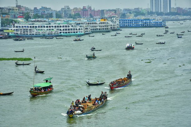 用船在繁忙的河道中运送牲畜图片下载