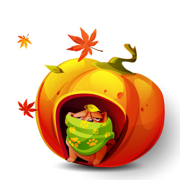 你好，卡通风格的秋天。披着温暖围巾的牛头犬在南瓜狗屋里，白底是秋叶。创意时尚的秋季插画。图片下载