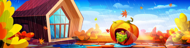 你好，卡通风格的秋天。牛头犬披着温暖的围巾，在南瓜窝里，房子附近的秋叶在雨中映衬着秋天的风景。创意时尚秋长插画。图片下载