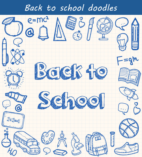回到学校的背景，手绘涂鸦元素和现实的铅笔。向量图片下载