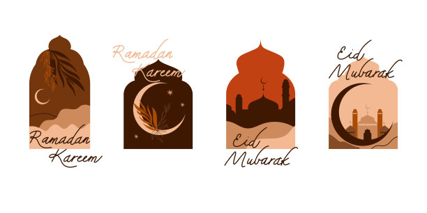 伊斯兰拱。斋月卡里姆，开斋节海报，贴纸或卡片。穆斯林的宗教节日。框架与月亮，沙漠和建筑。晚上的风景。阿拉伯清真寺的塔楼。矢量插图集图片下载